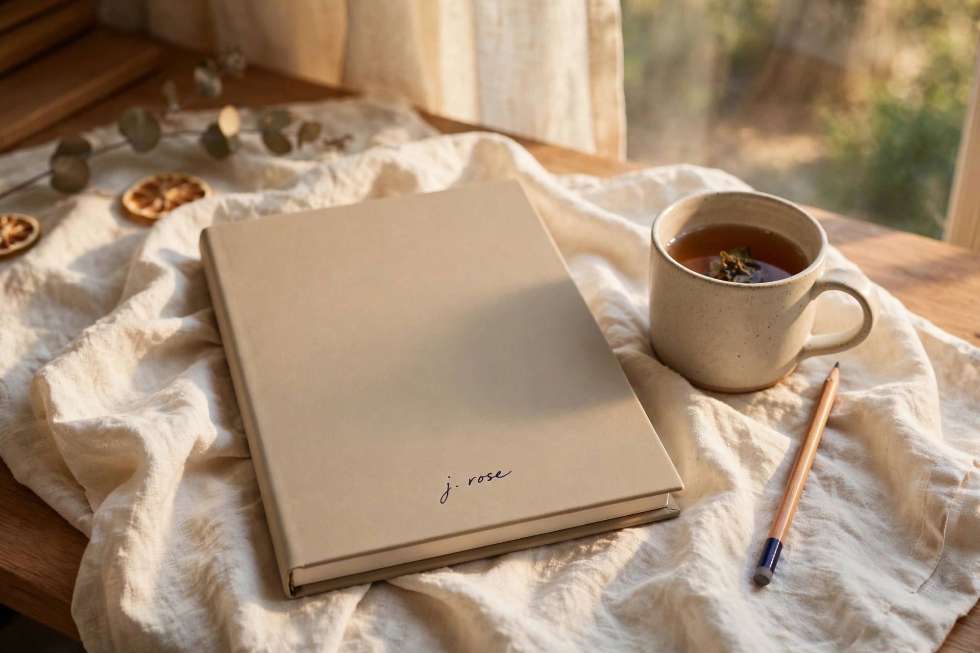A matte sandy-beige journal on cream linen beside a cup of tea and a pencil
